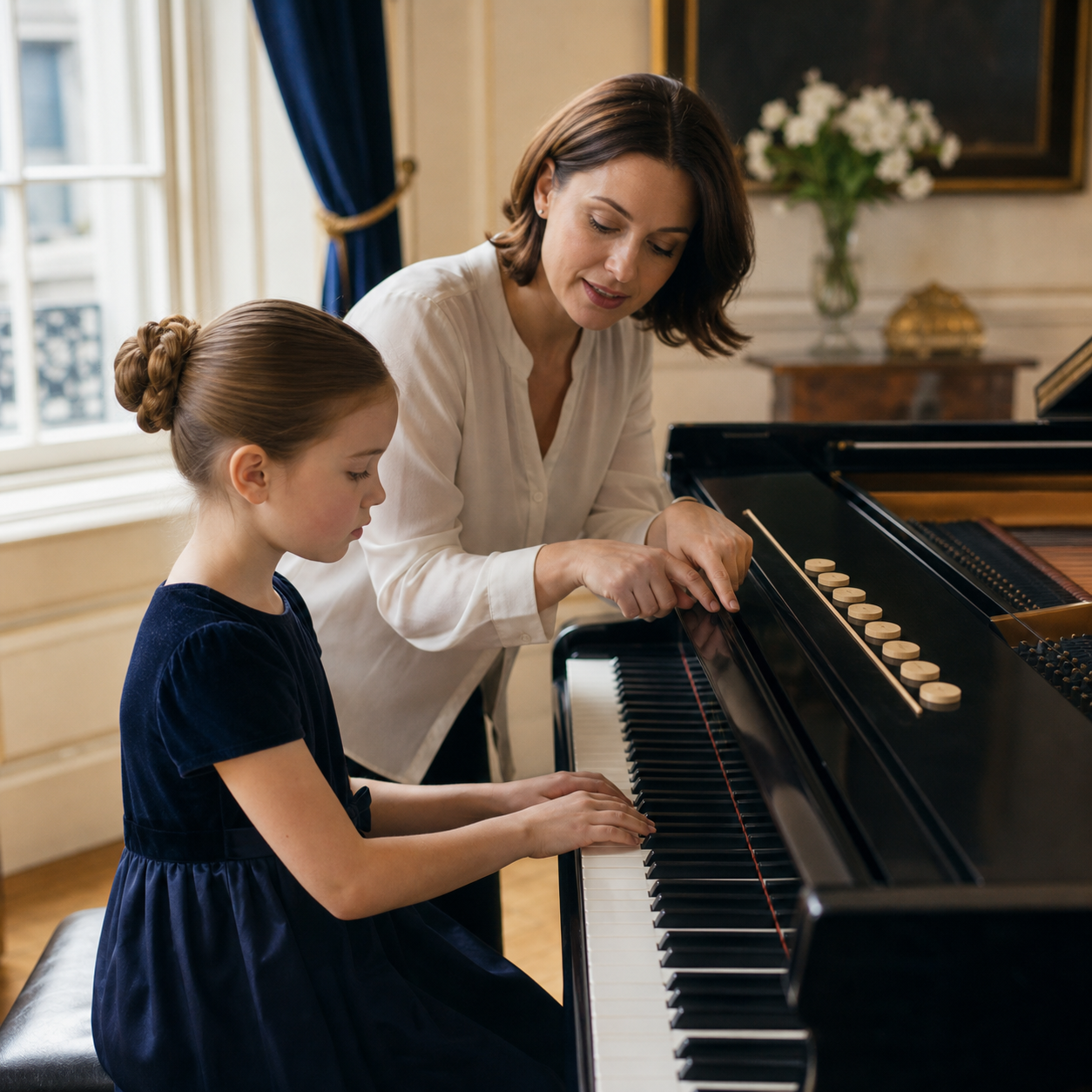 Rhythm, counting and proportion at the piano Child and piano teacher counting an even pulse at the keyboard