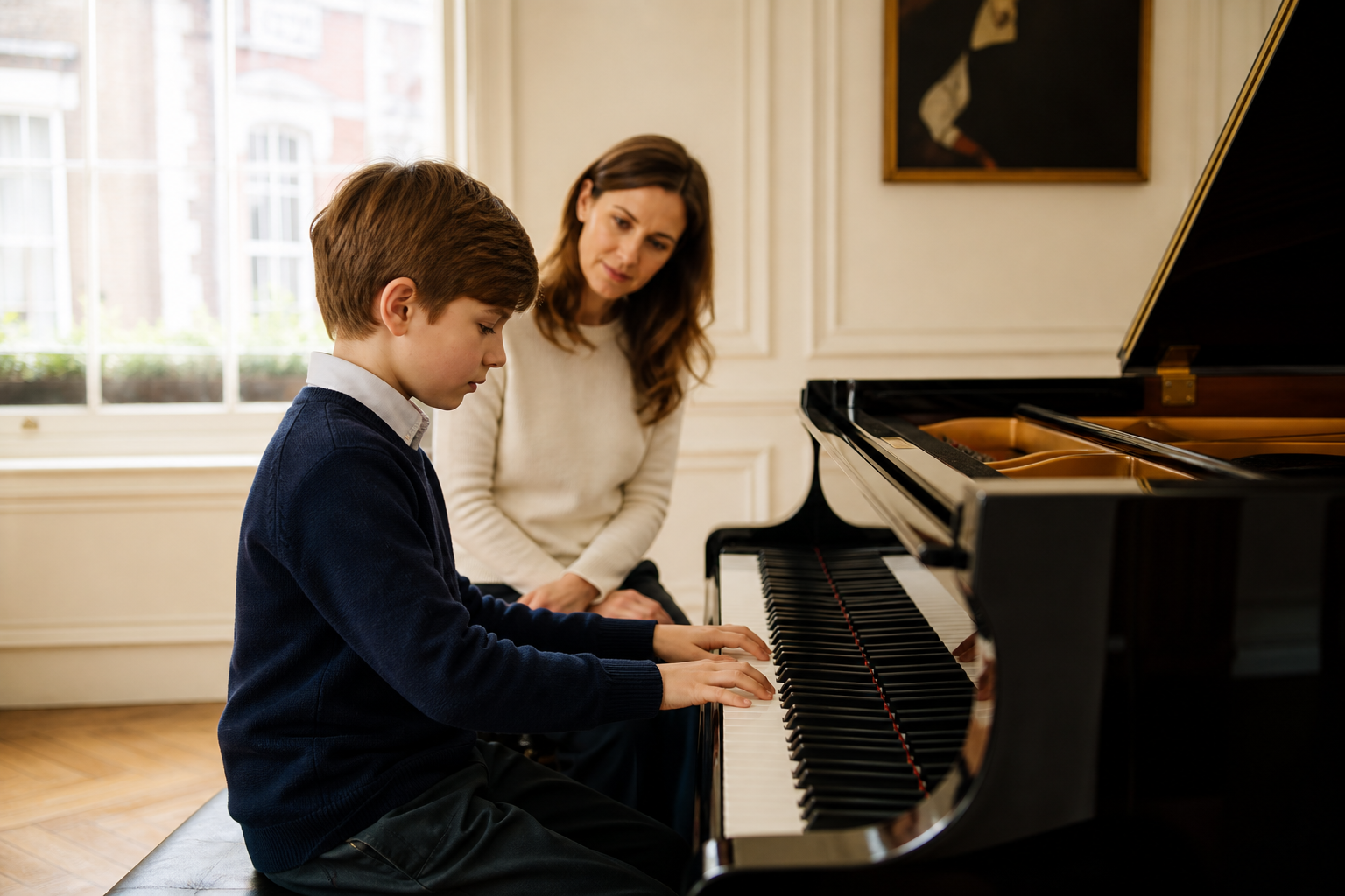 Child repeating a short piano phrase while a teacher listens