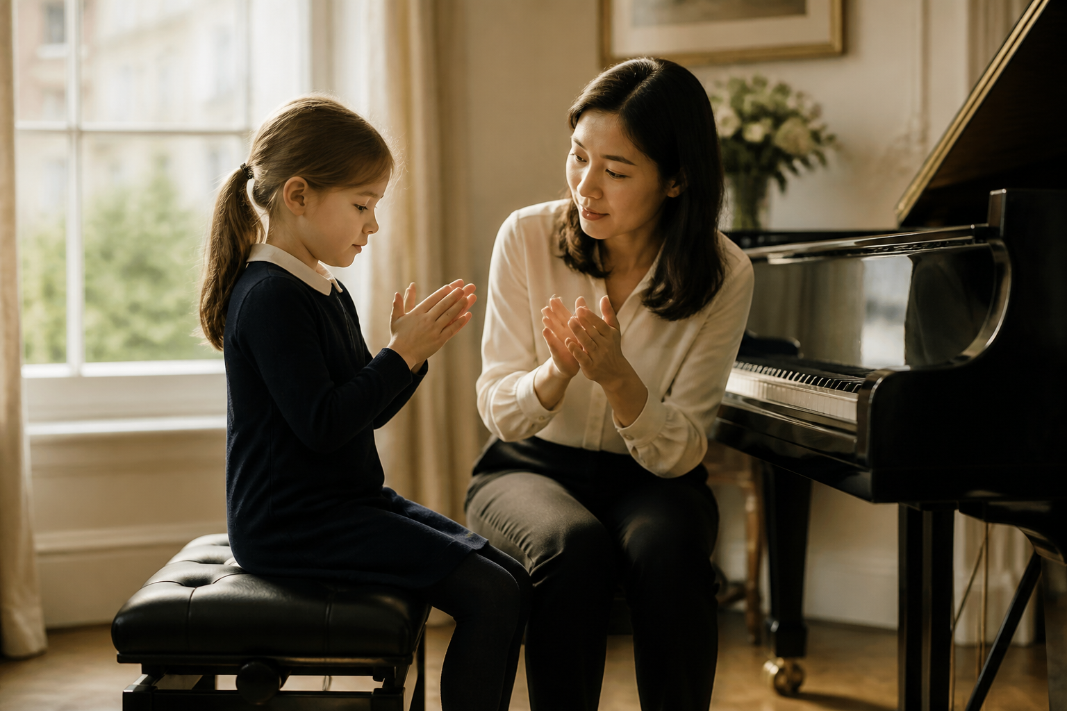 Teacher and child clapping rhythm beside a grand piano