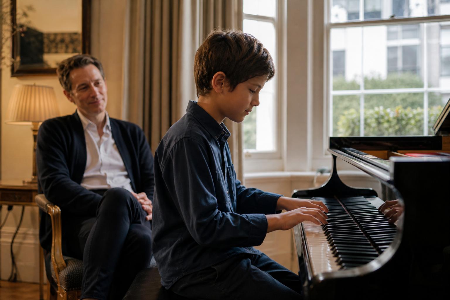 Parent supporting a child's piano practice after a lesson
