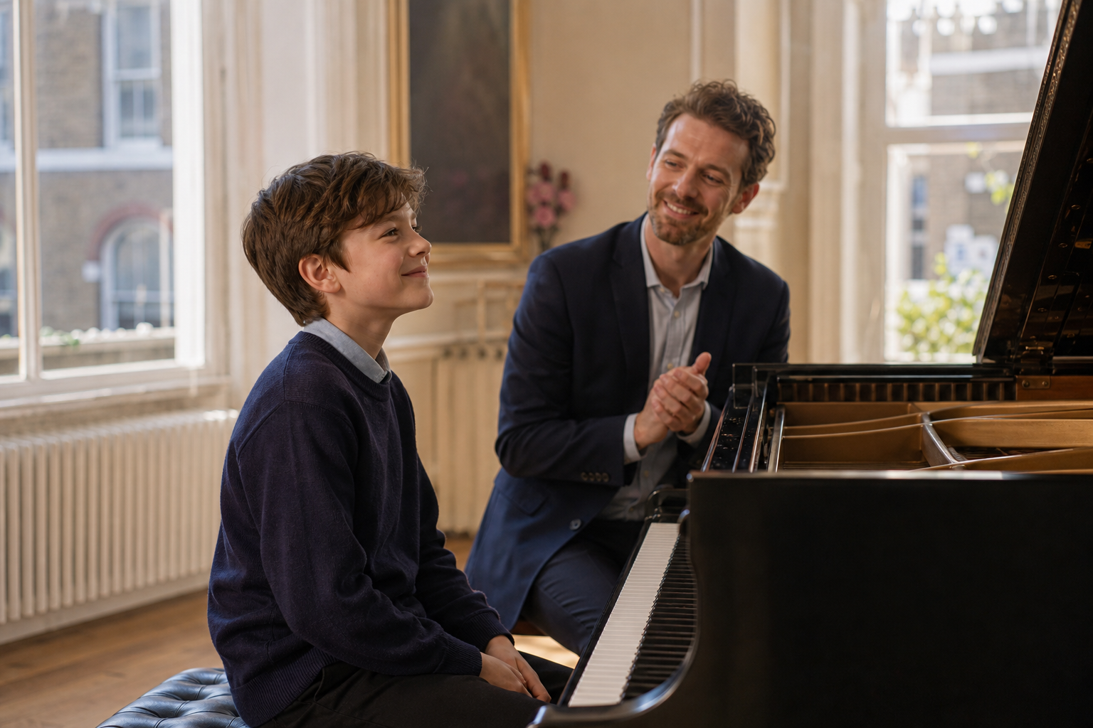 Child smiling after a successful piano memory exercise with a teacher