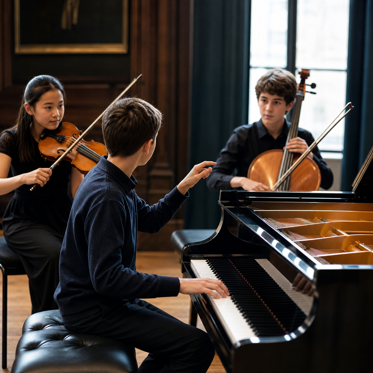 Young pianist coordinating with string players in an ensemble