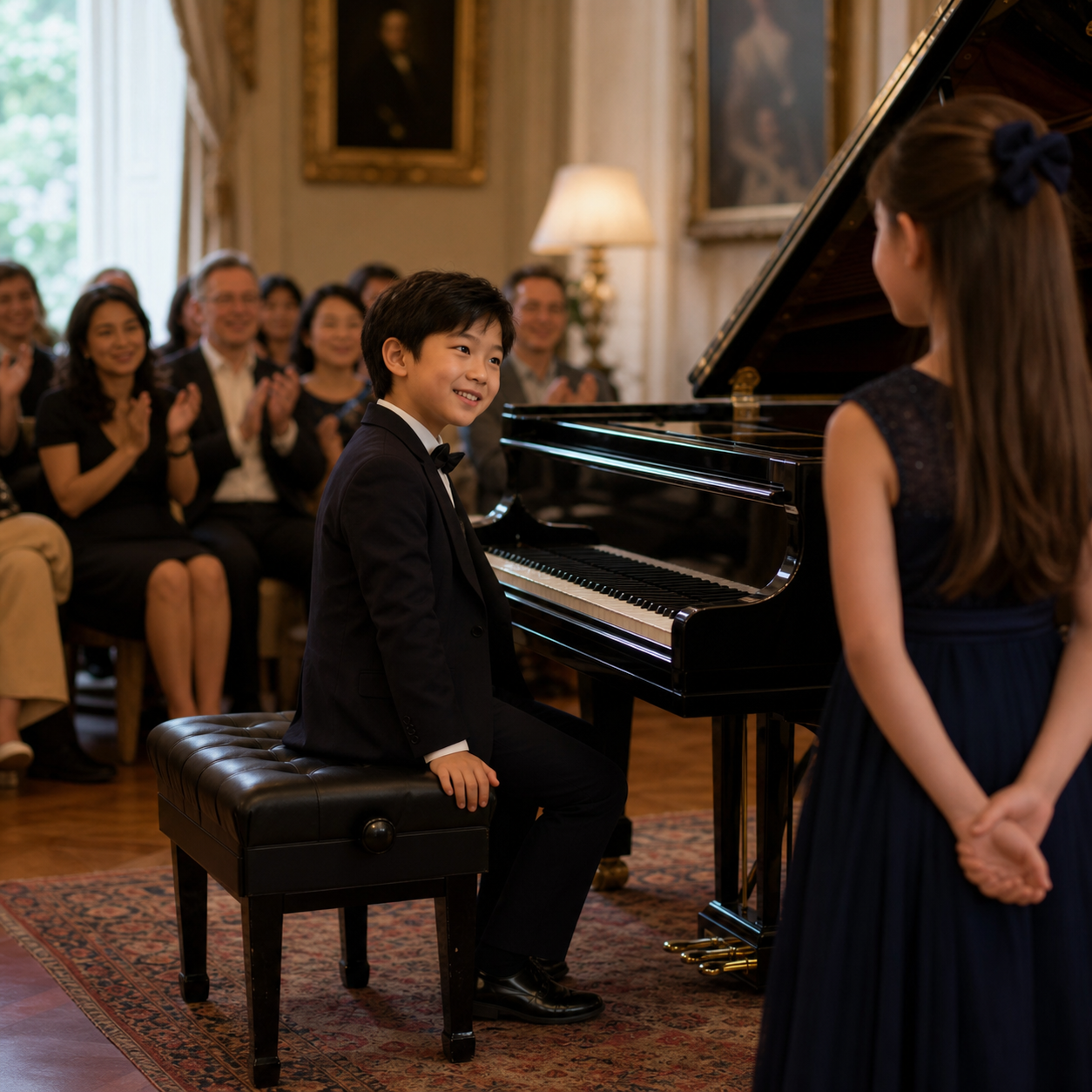 Young pianists encouraging one another after a supportive recital