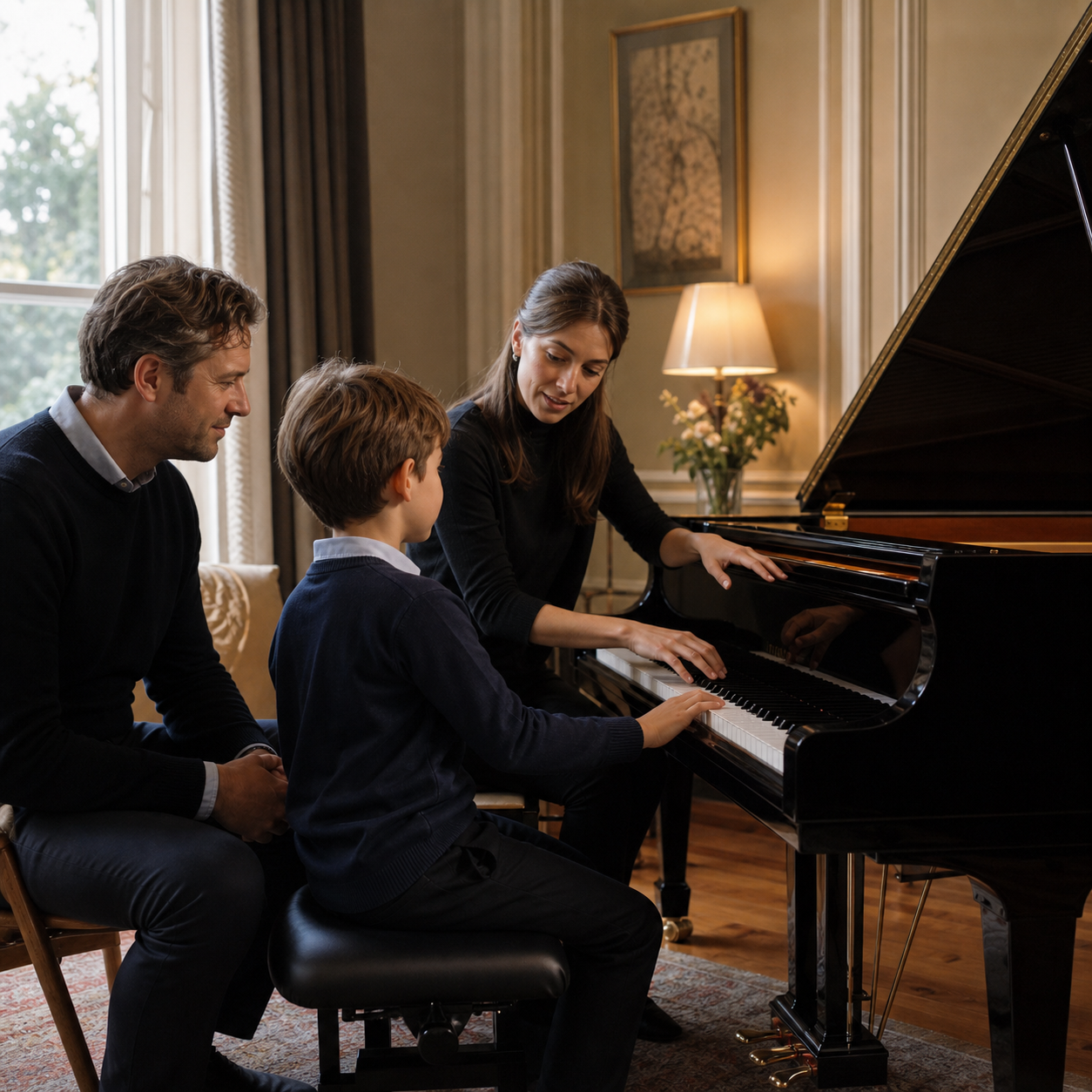 Child, parent and teacher sharing attention during a piano lesson