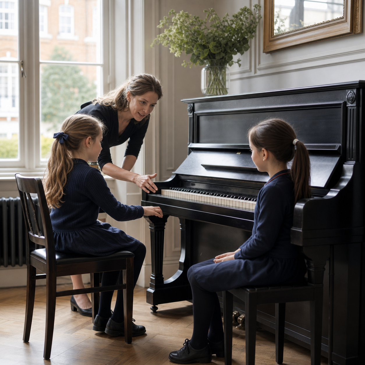 Children practising musical turn-taking with a piano teacher