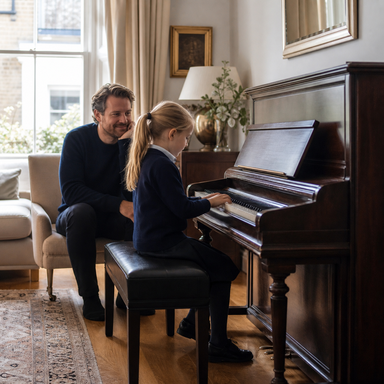 Parent listening during a child’s calm home piano practice