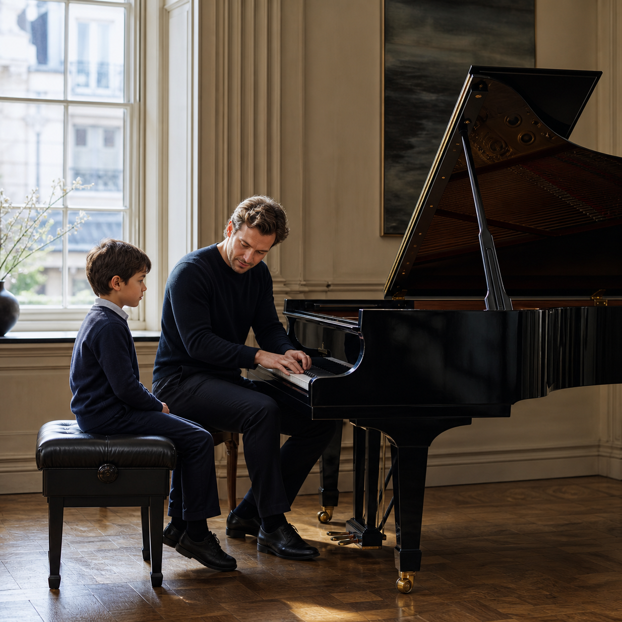 Child listening as a piano teacher demonstrates a phrase