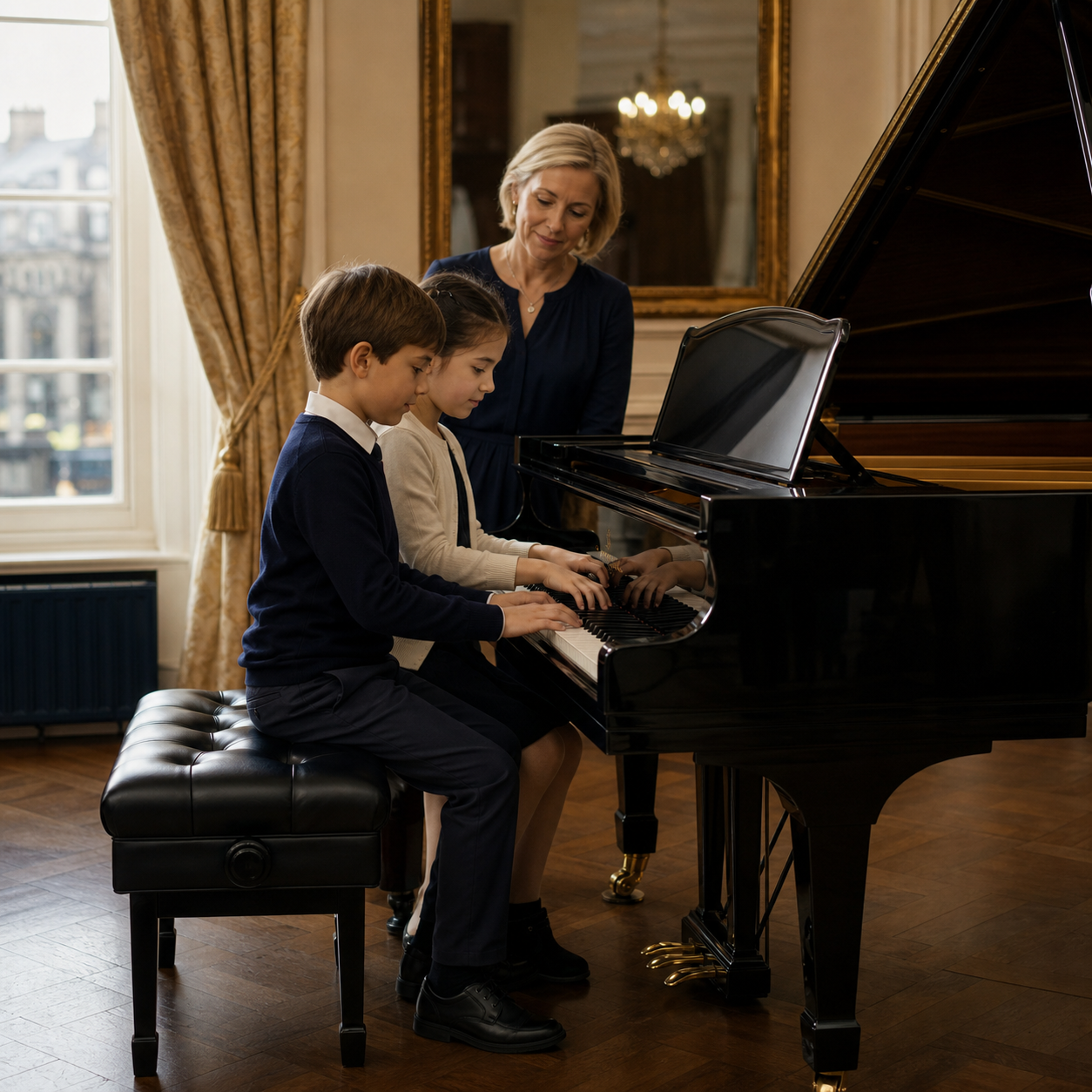 Two children coordinating a piano duet with their teacher