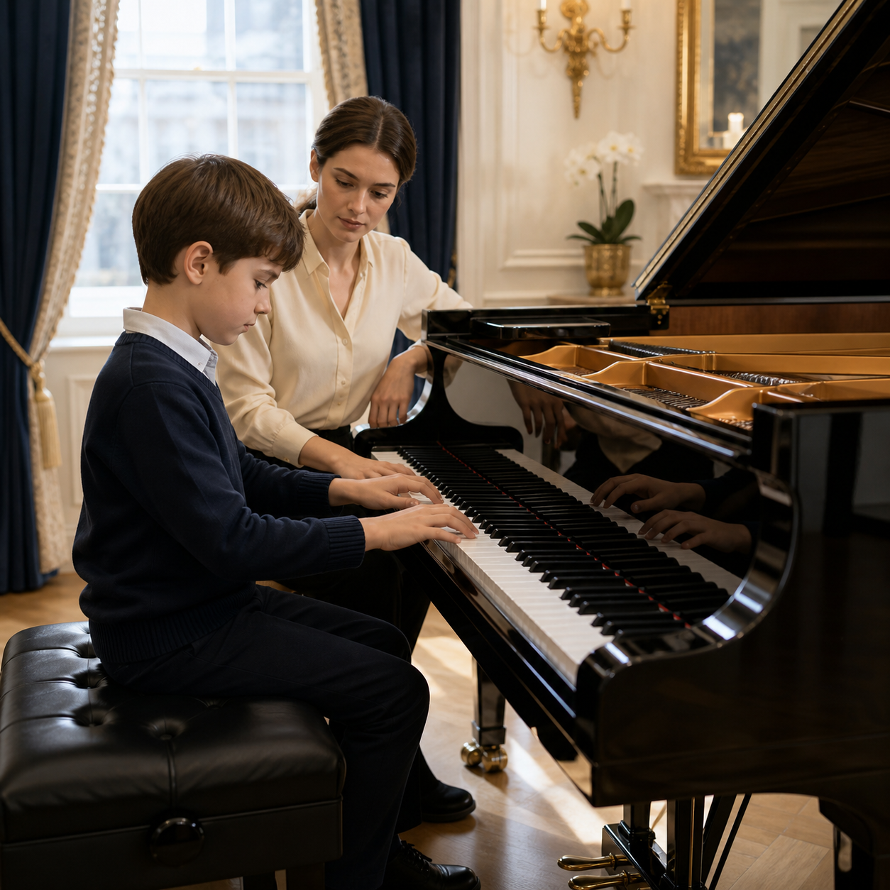 Young pianist coordinating both hands during a lesson