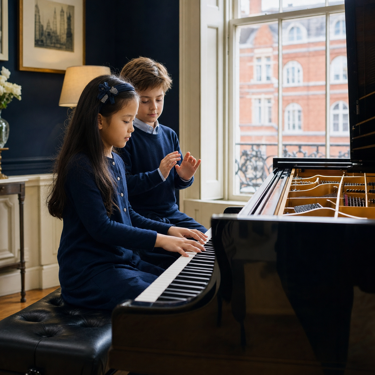 Two children sharing music making at a piano and developing timing and cooperation