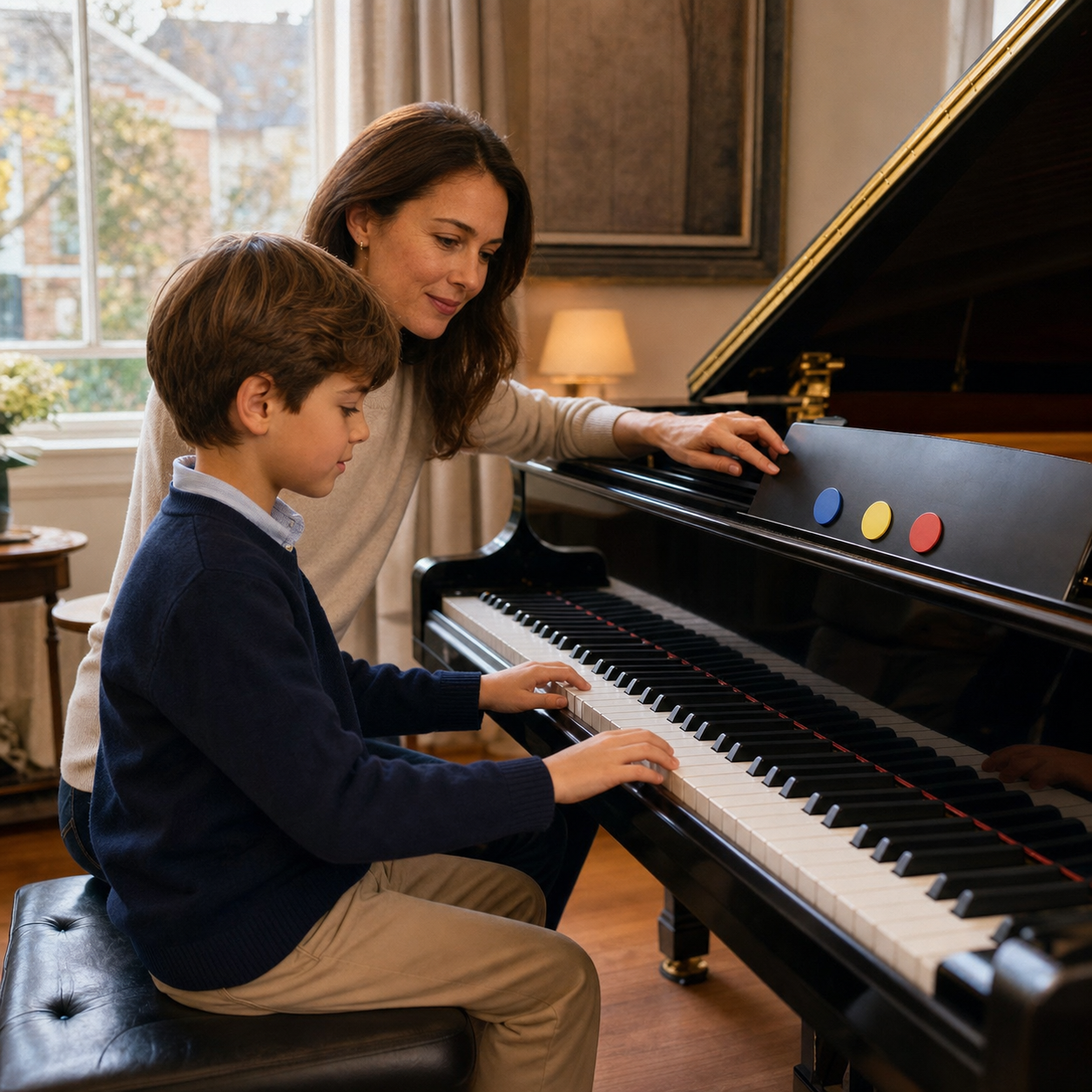 A parent and child using simple goals during a calm home piano practice