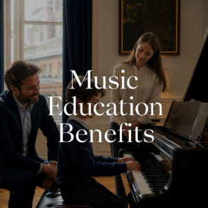 Music education benefits explored by a child at the piano with a supportive teacher and parent