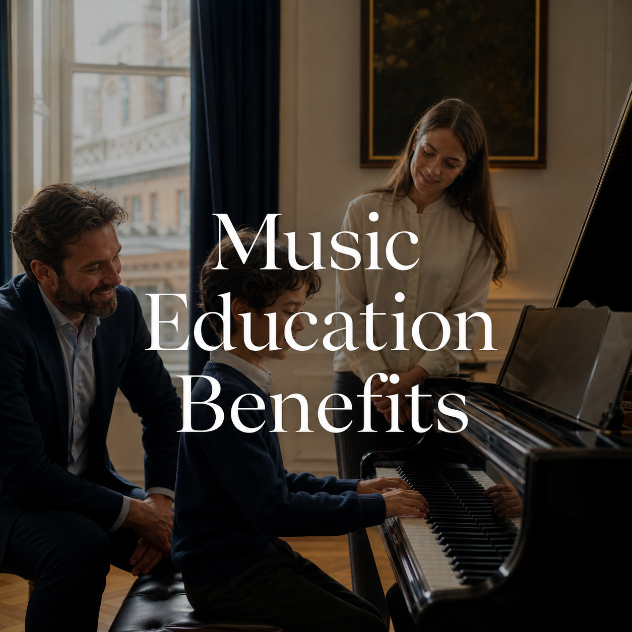 Music education benefits explored by a child at the piano with a supportive teacher and parent