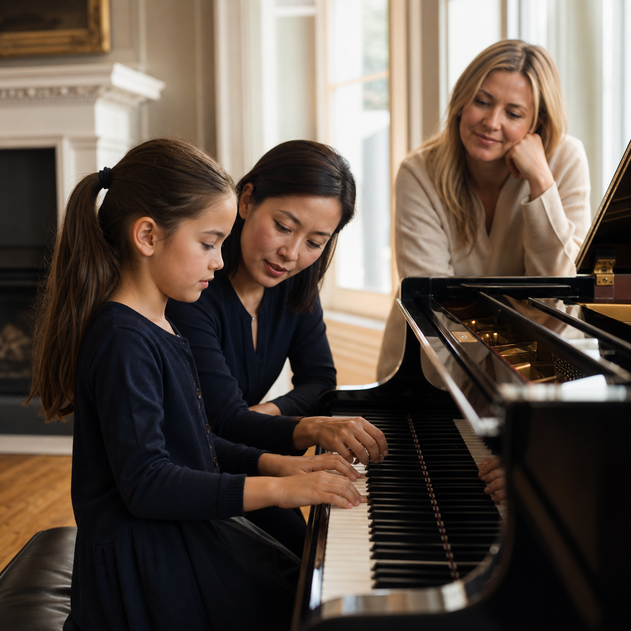 Music education benefits attentive listening as a child works with a piano teacher