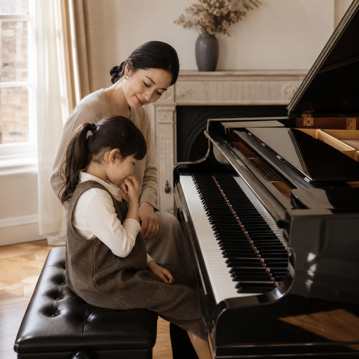 Parent and child pausing calmly during home piano practice