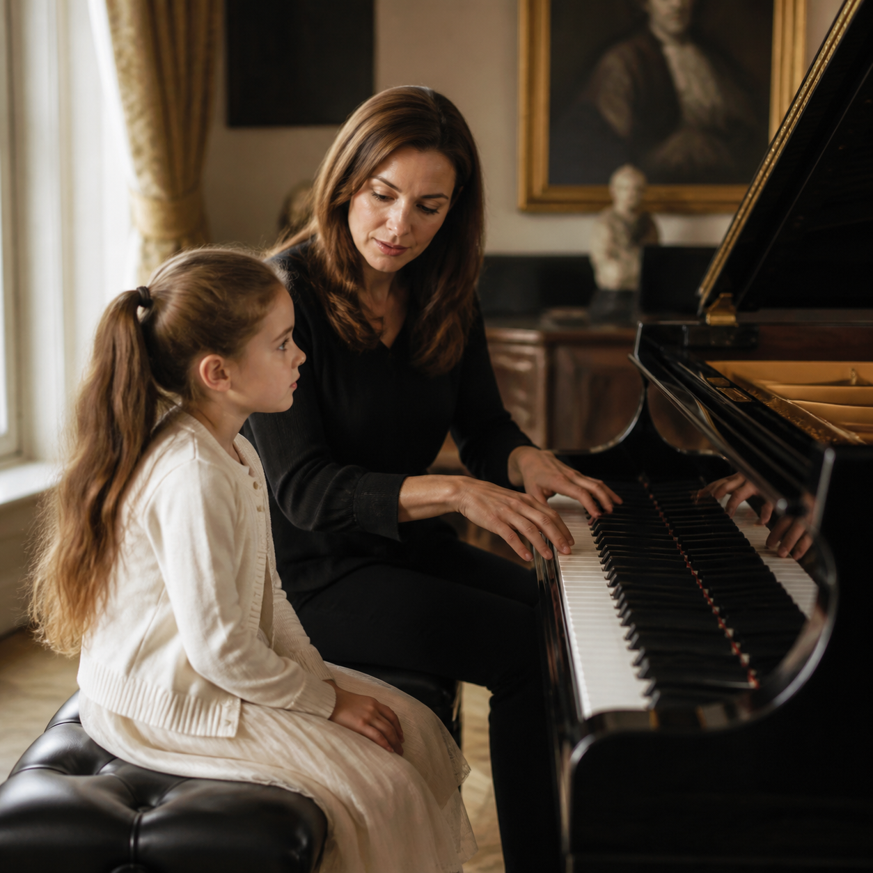 Child listening to expressive piano playing with a supportive teacher