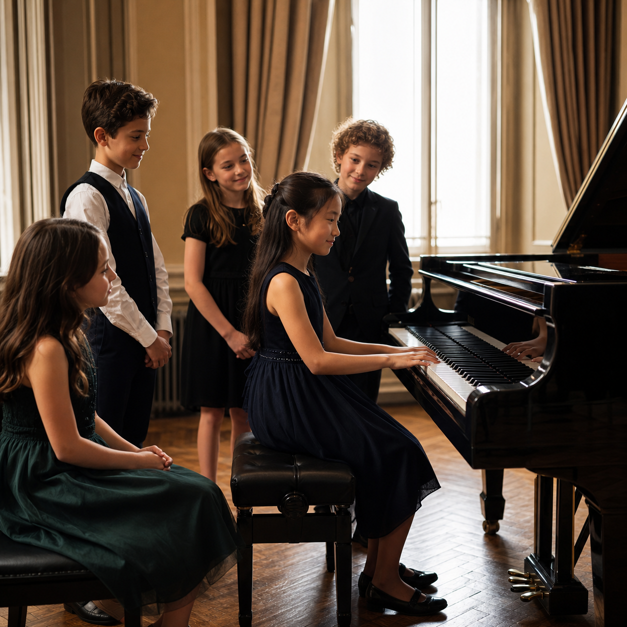 Young pianists listening empathetically during a studio performance