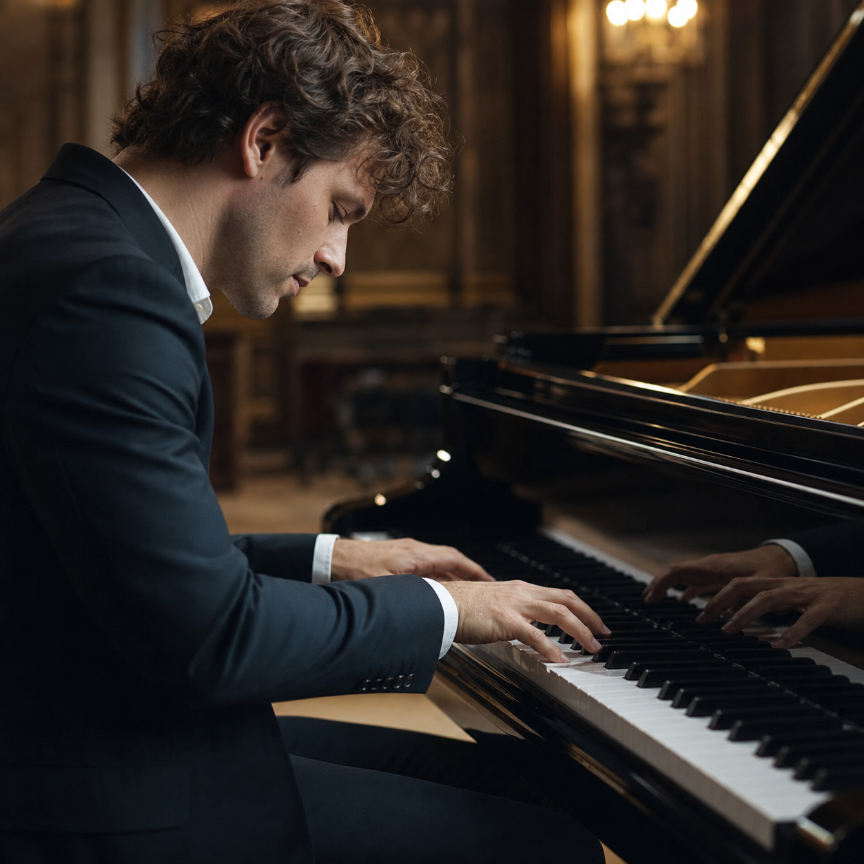 Pianist shaping separate layers of sound at a grand piano