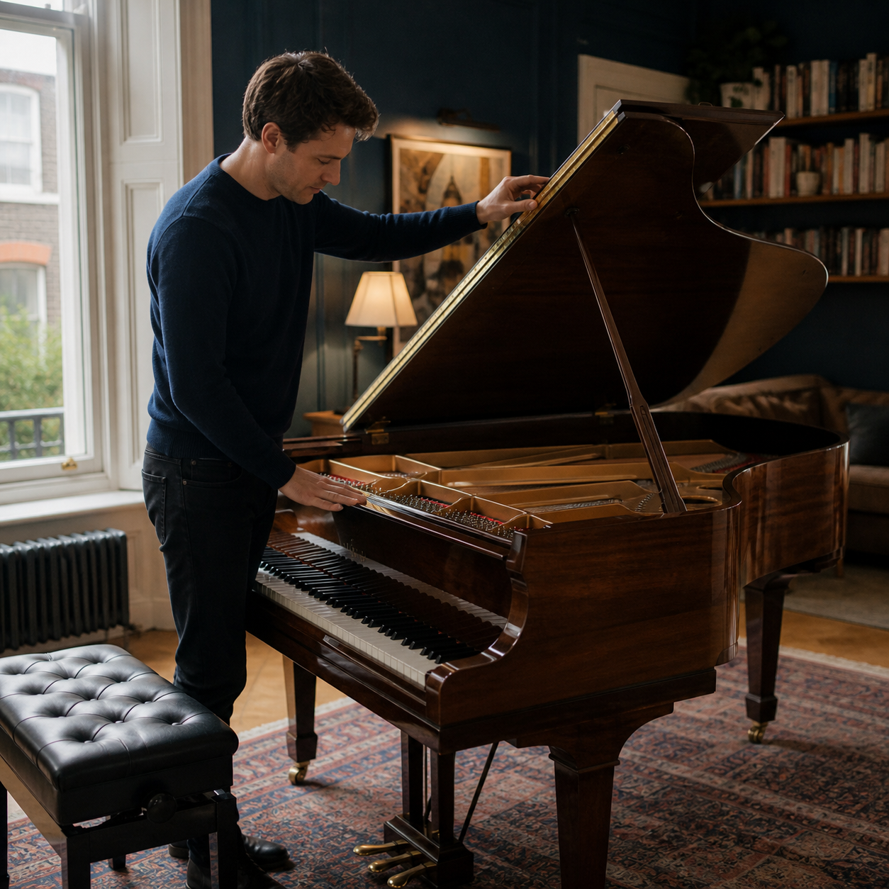 Adult pianist marking a score beside the piano