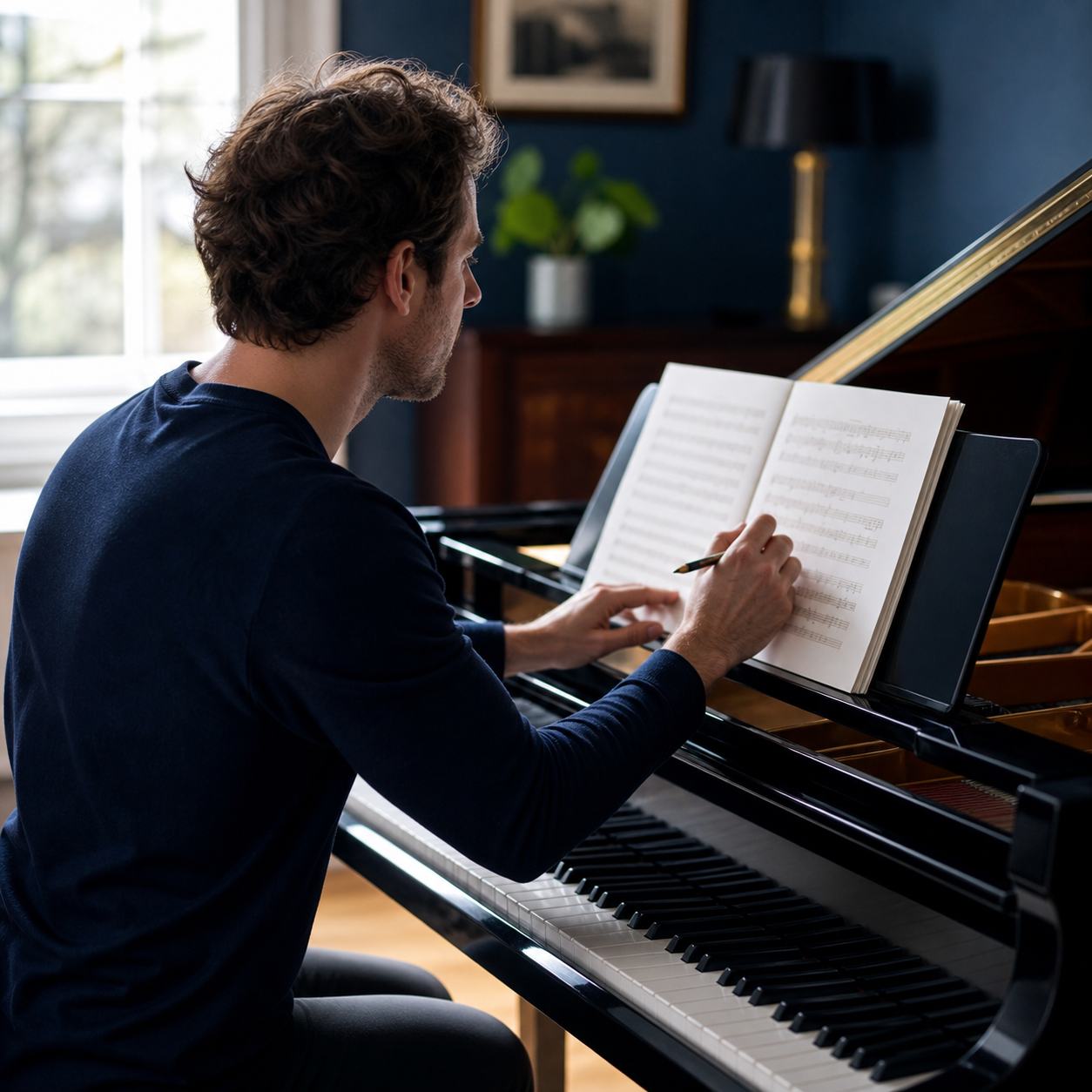 Adult pianist dividing score study into short weekly tasks