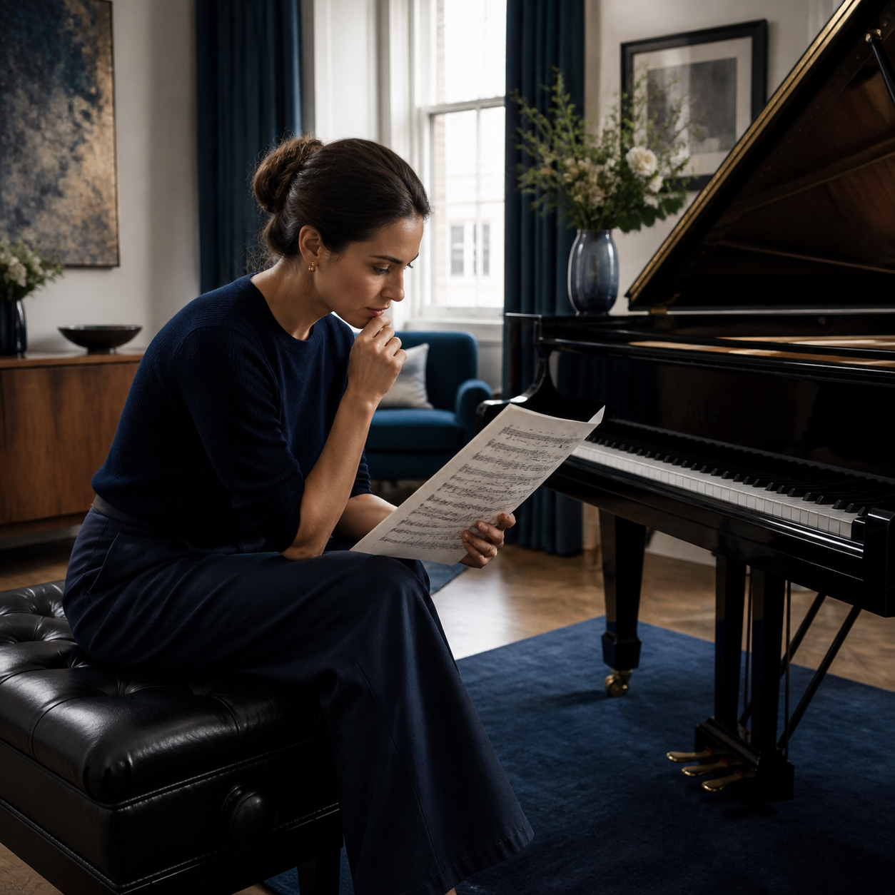 Adult pianist listening back to a short practice recording