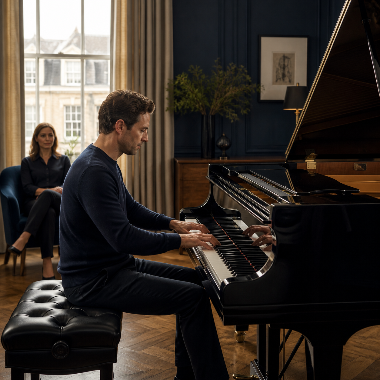 Teacher and adult learner reviewing a weekly piano plan
