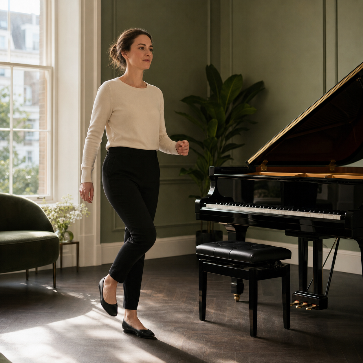 Adult pianist marching gently before sitting at the piano