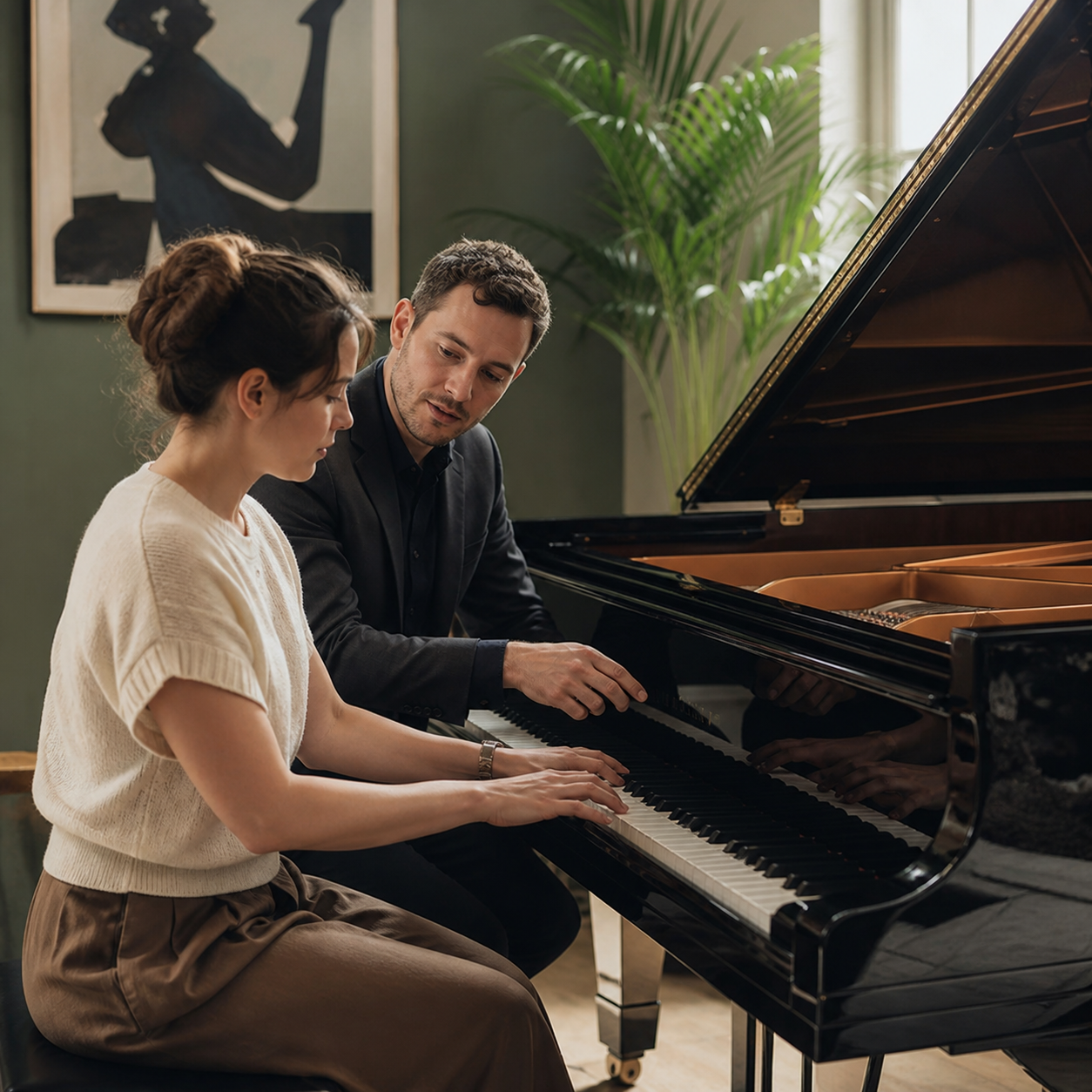 Adult pianist pausing to release the hands between practice blocks