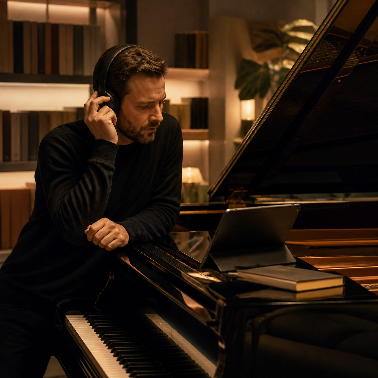 Listening closely to Rafał Blechacz Adult pianist following a Rafal Blechacz listening guide beside a grand piano