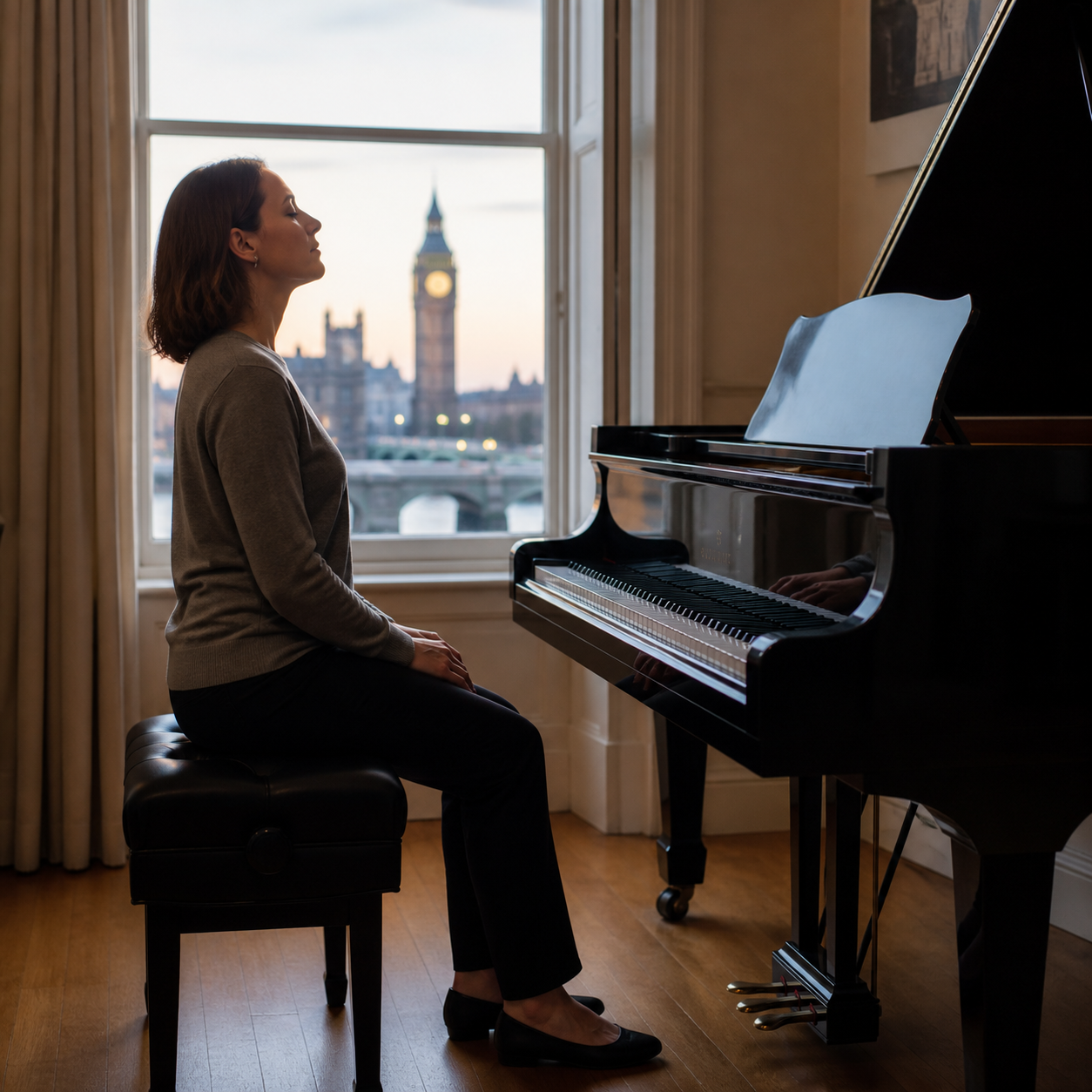 Adult using breathing as one of several relaxation techniques before piano practice