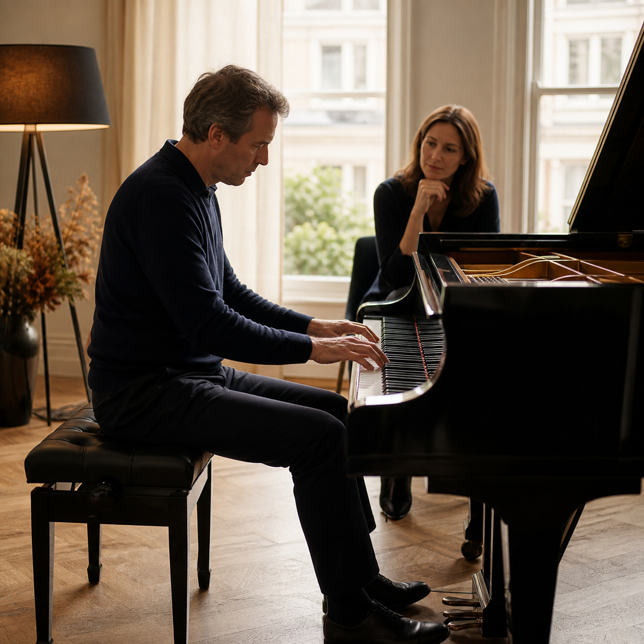 Adult learner and teacher applying relaxation techniques in piano study