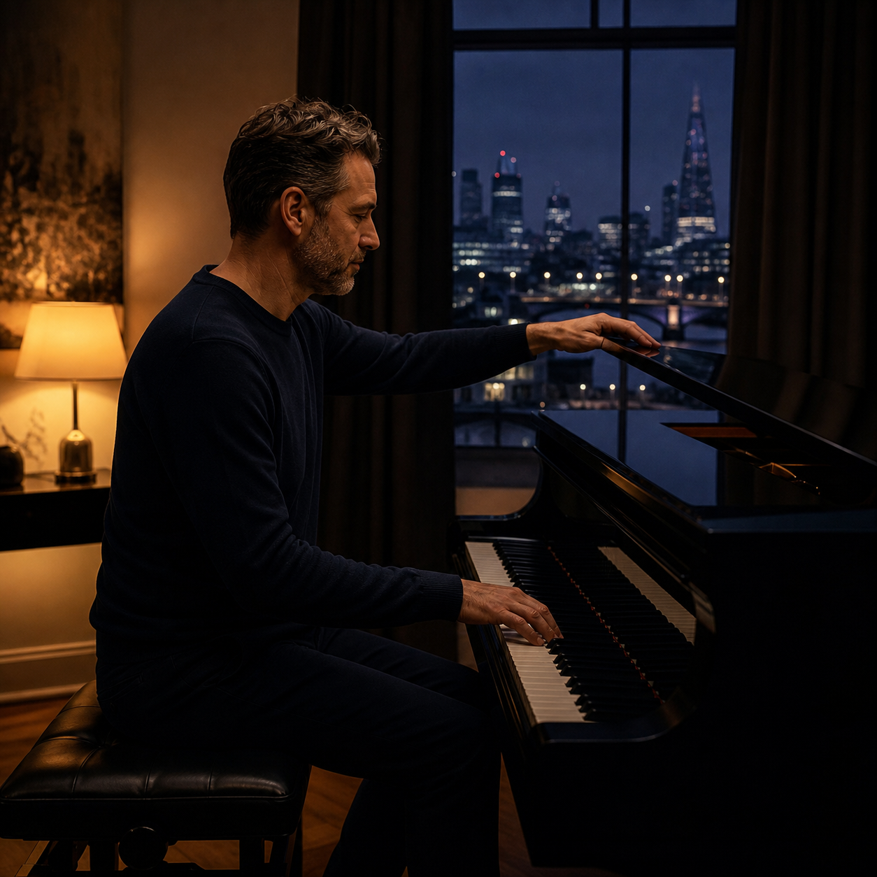 Adult completing an evening piano routine using relaxation techniques