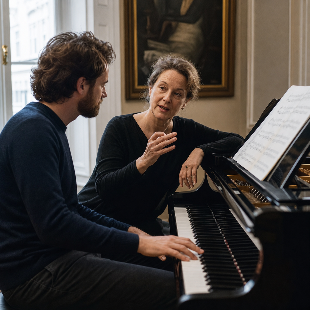 Adult pianist and teacher discussing Richard Goode listening principles