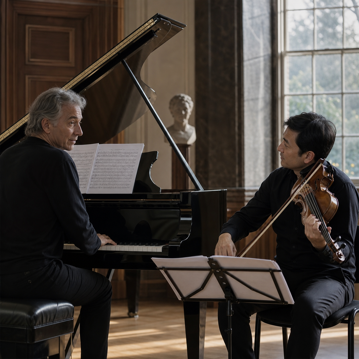 Pianist and string player rehearsing chamber music in a London hall