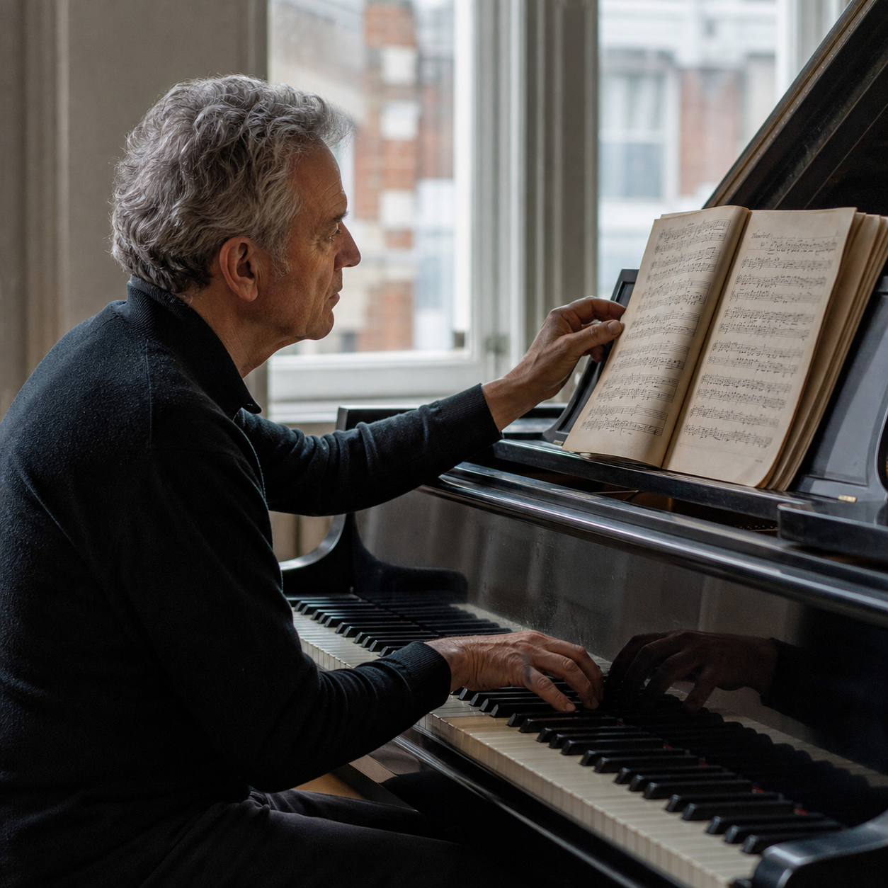 Mature pianist studying a score beside a grand piano