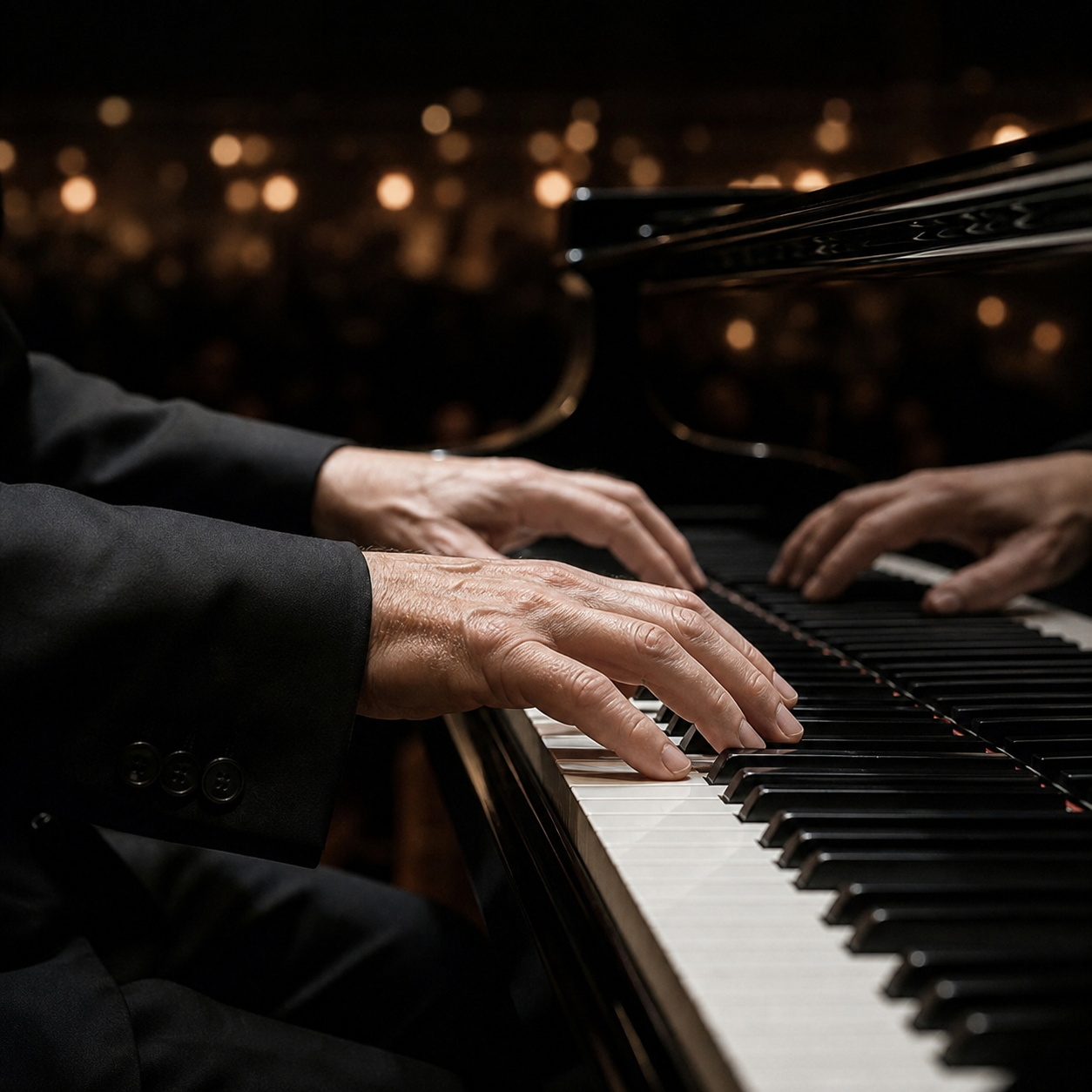 Experienced pianist hands shaping a quiet classical phrase