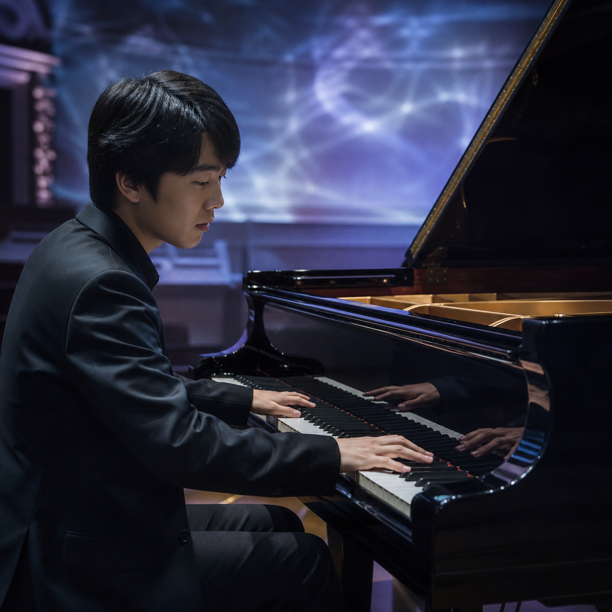Seong-Jin Cho and the language of piano colour Seong-Jin Cho at the piano in a Debussy-inspired field of blue and pearl light
