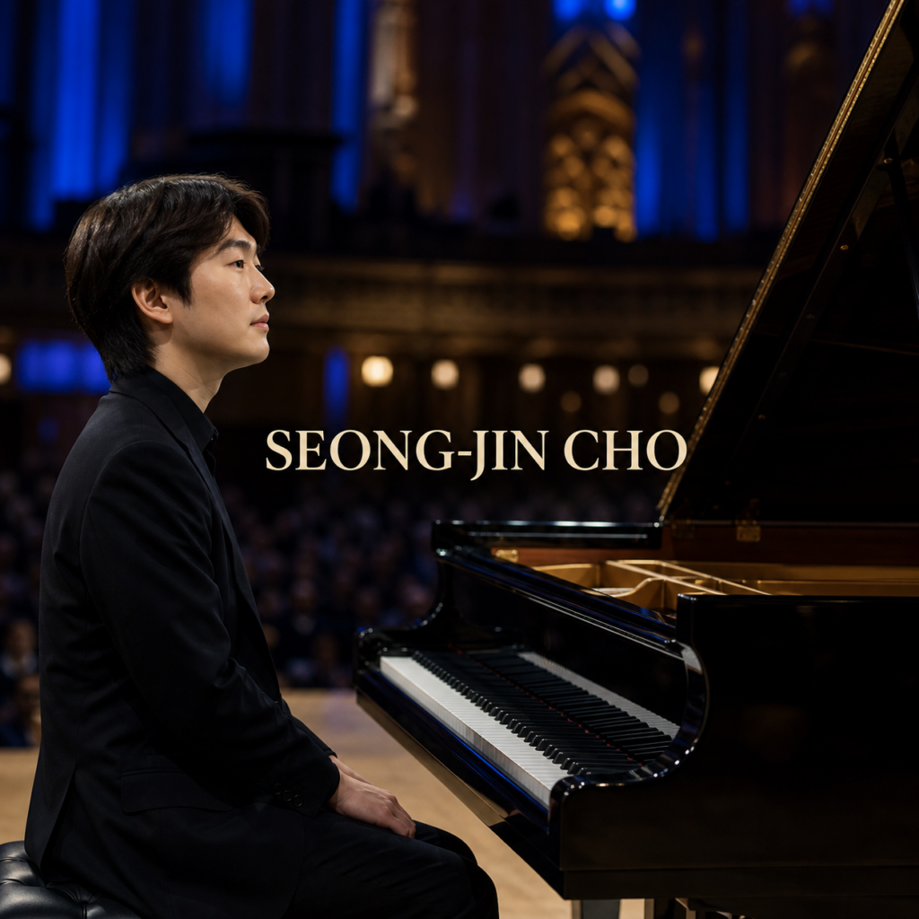 Seong-Jin Cho in London beside a concert grand piano