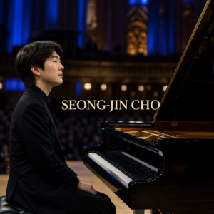 Seong-Jin Cho in London beside a concert grand piano