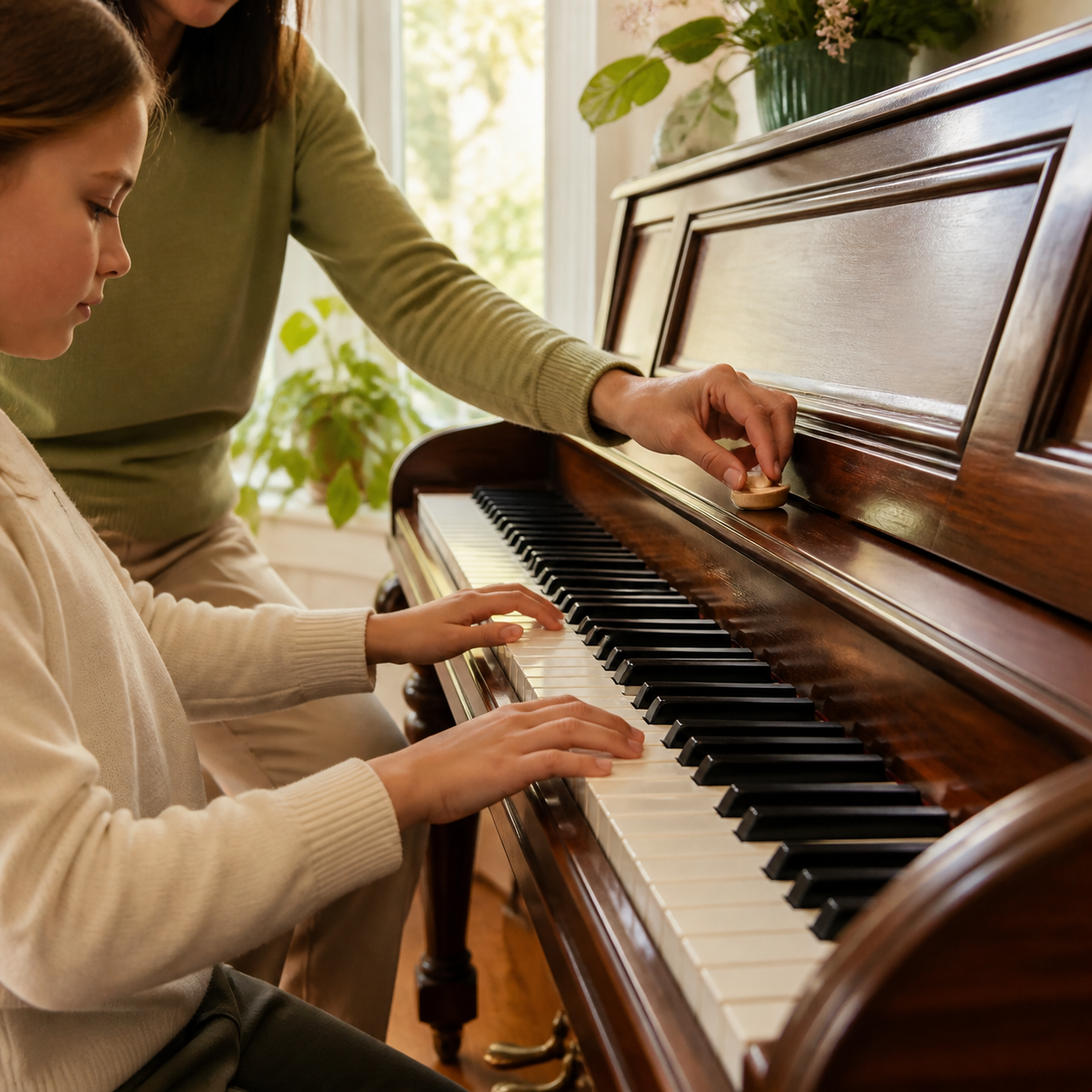 Child building confidence through small achievable steps at the piano