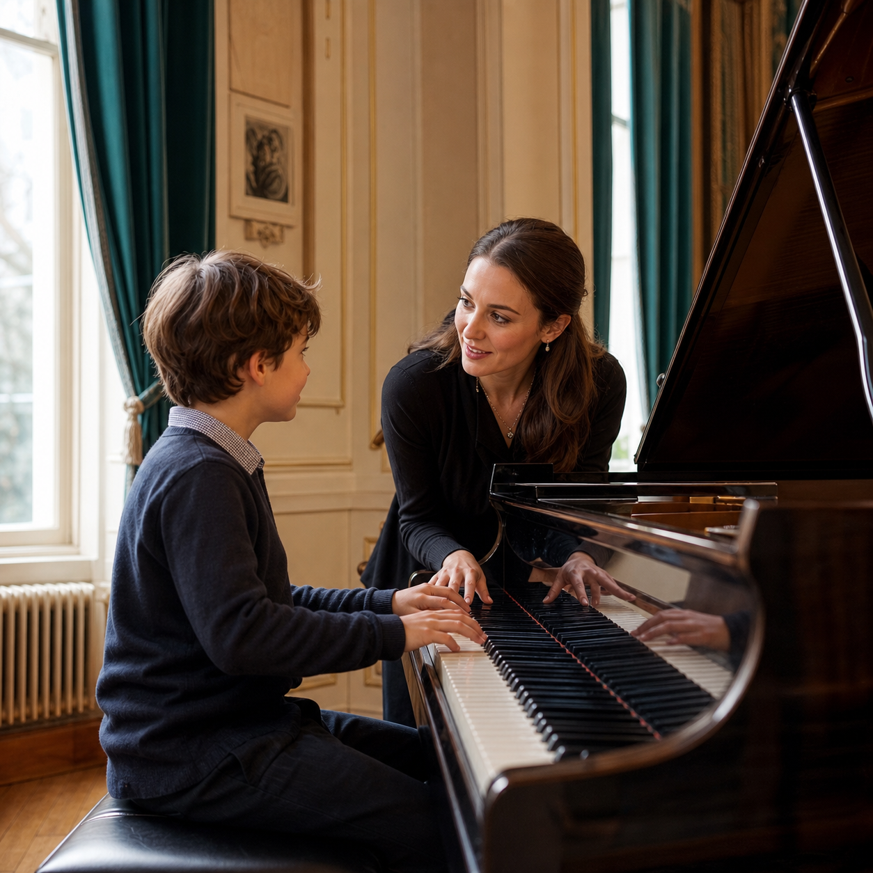 Teacher and child exchanging short musical phrases at the piano