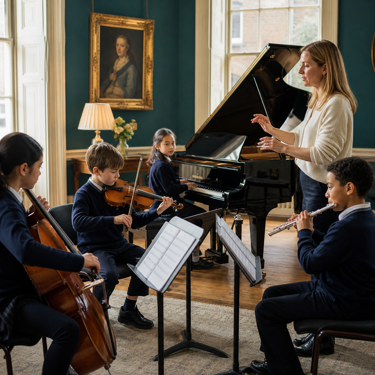 Small group of children rehearsing a simple ensemble piece