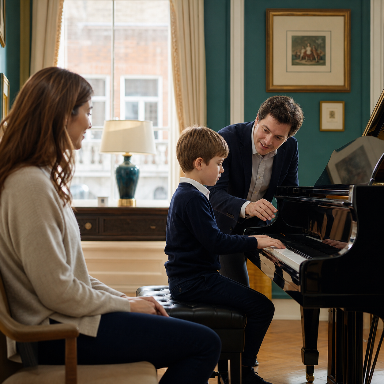 Parent observing a calm child piano lesson