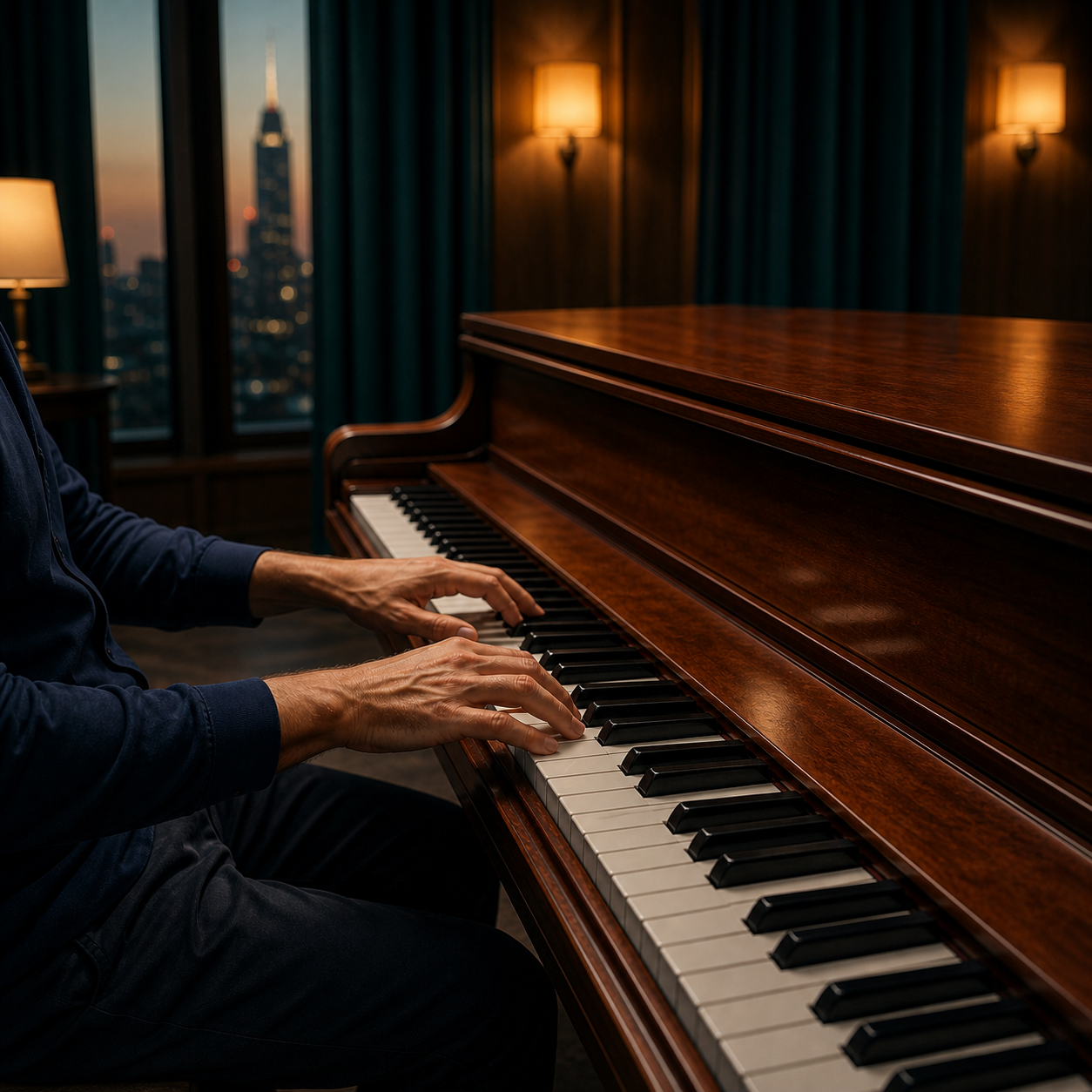 Adult hands playing a slow piano phrase after work