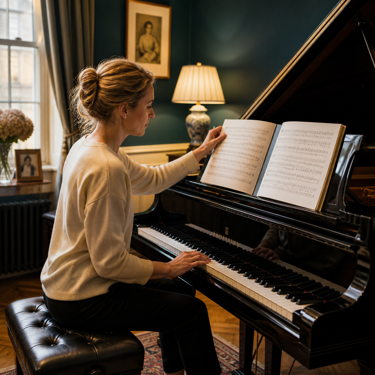 Adult learner choosing easy sheet music beside a piano