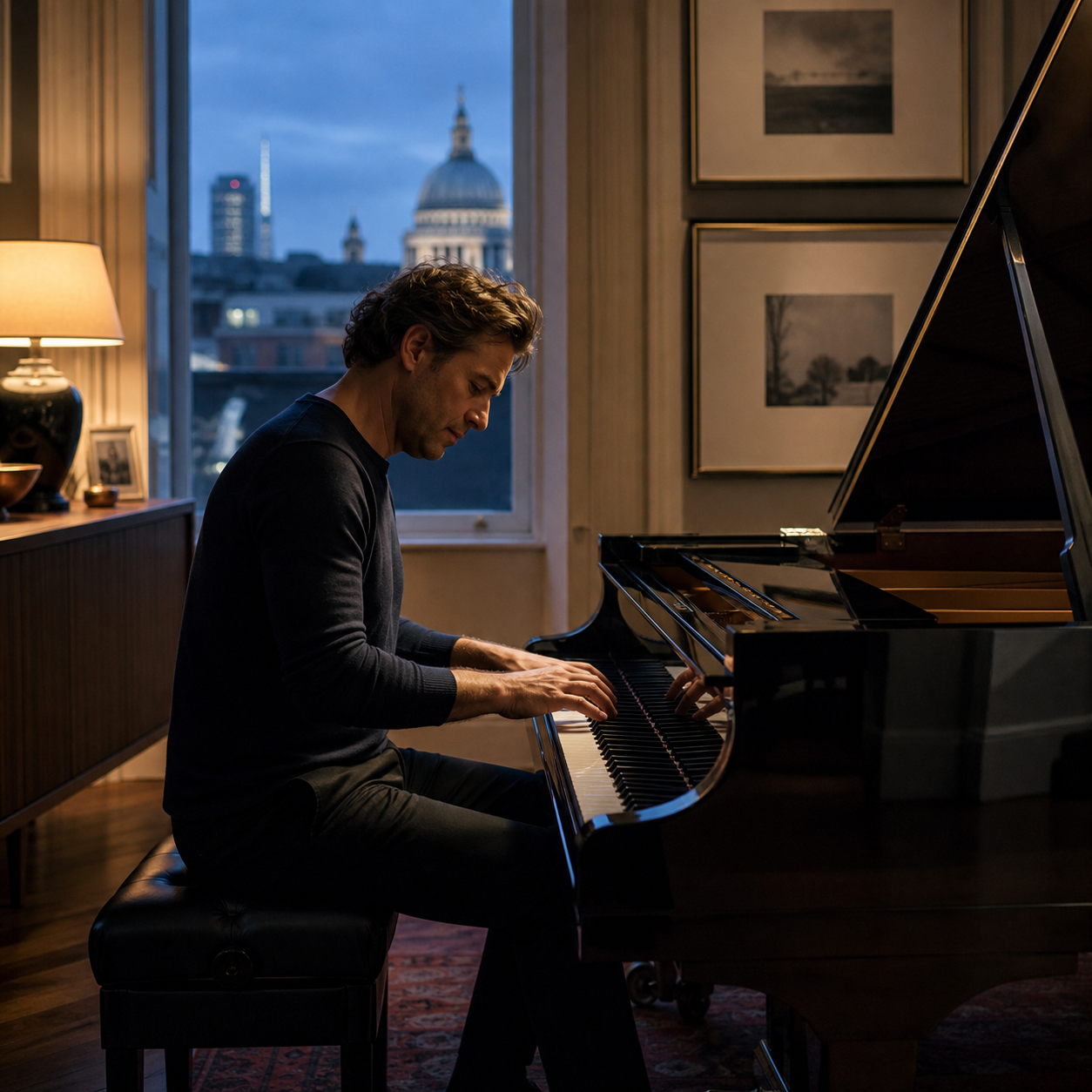 Adult pianist improvising quietly in a London home