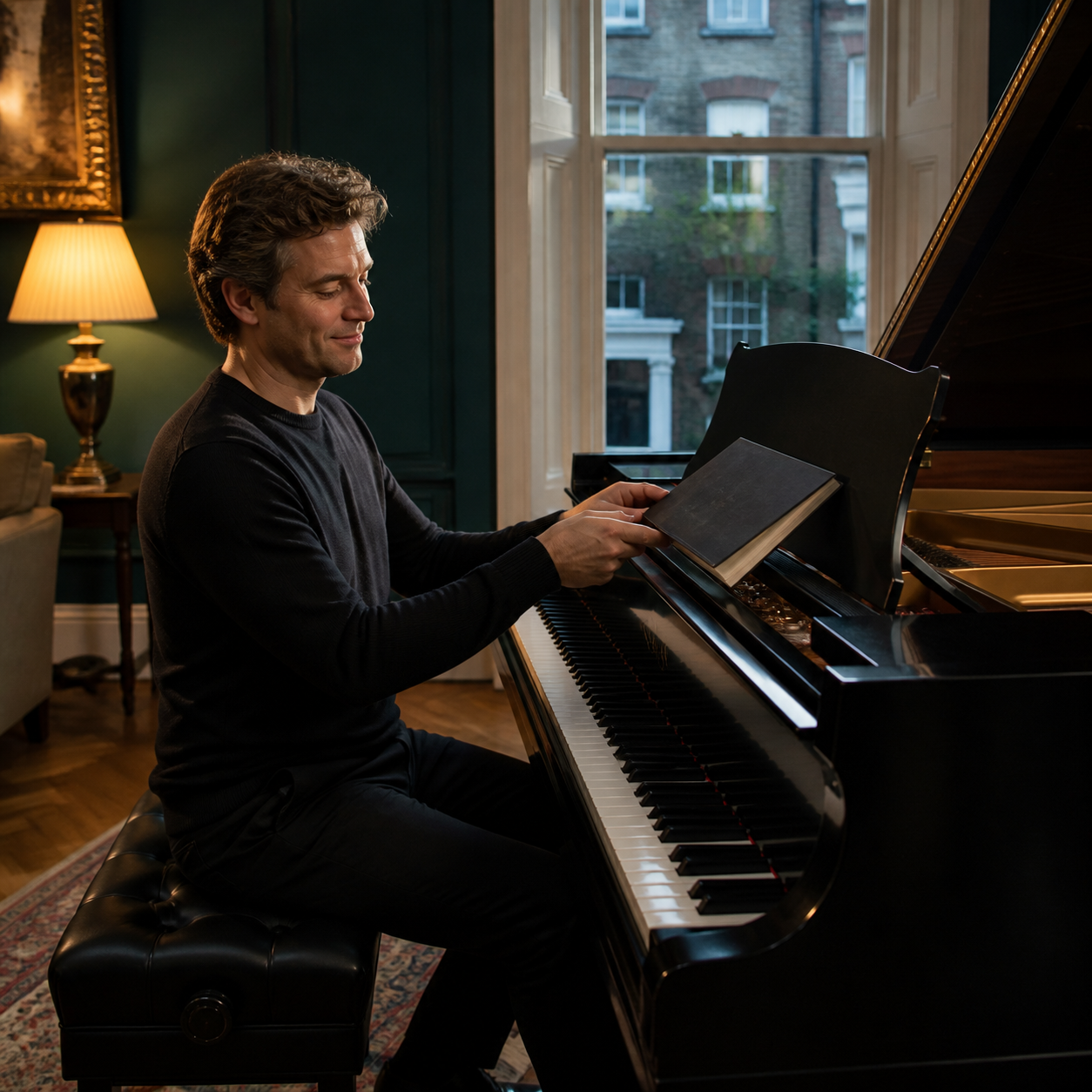 Adult pianist closing a score after a satisfying short session