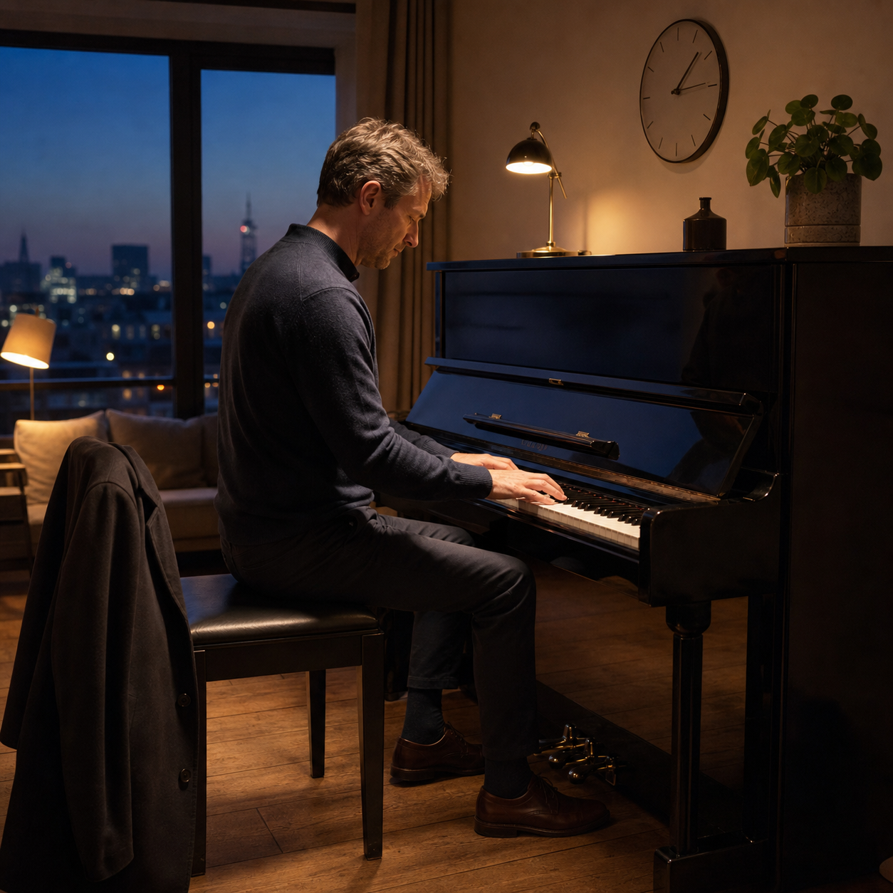 Adult returner sustaining a calm evening piano practice routine