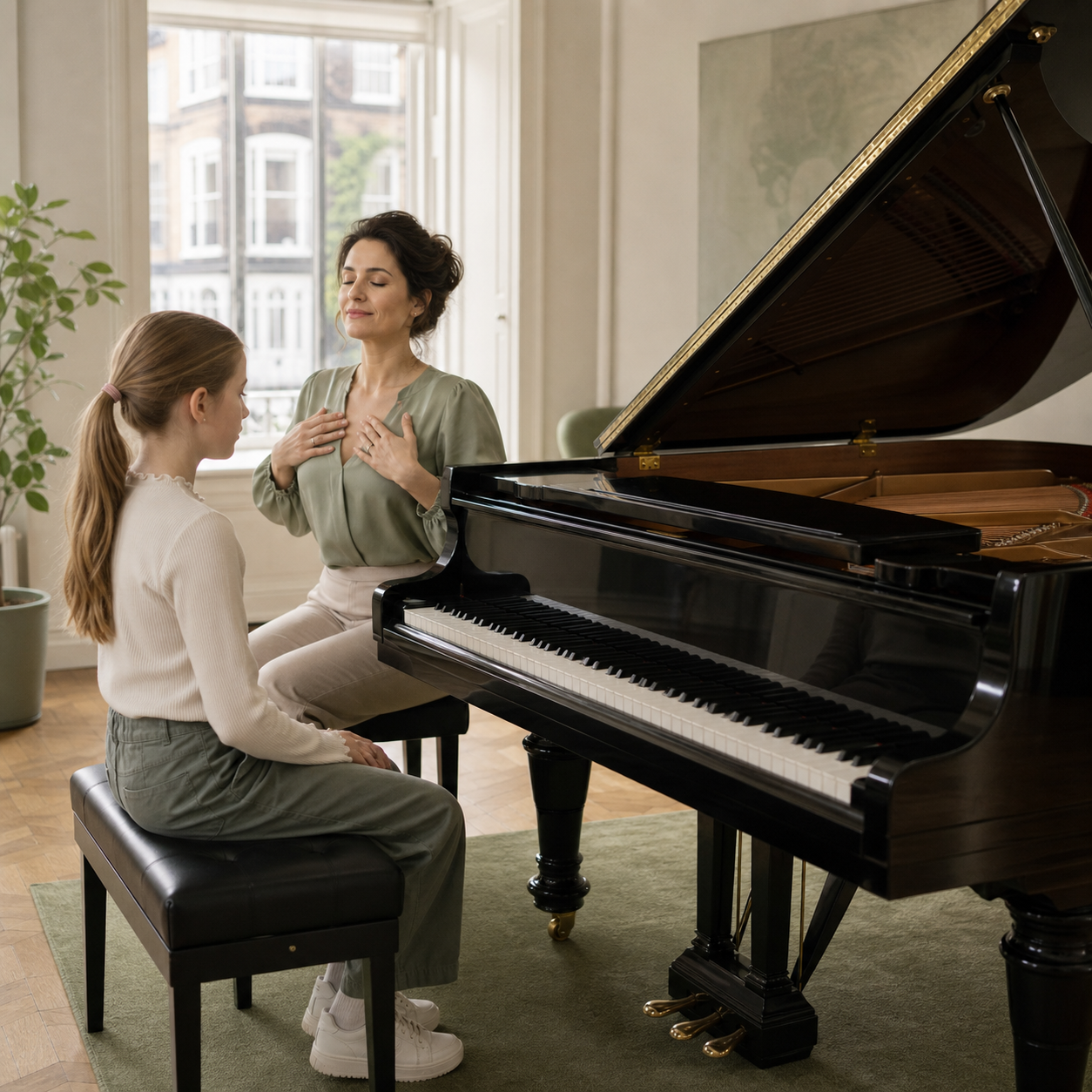 Teacher helping a child reset tension during music and wellbeing focused piano practice