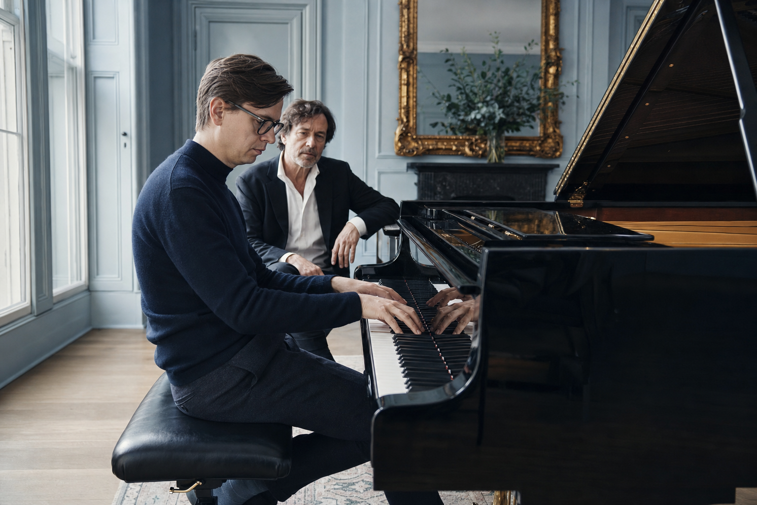 Adult pianist studying touch and voicing with a teacher beside a grand piano